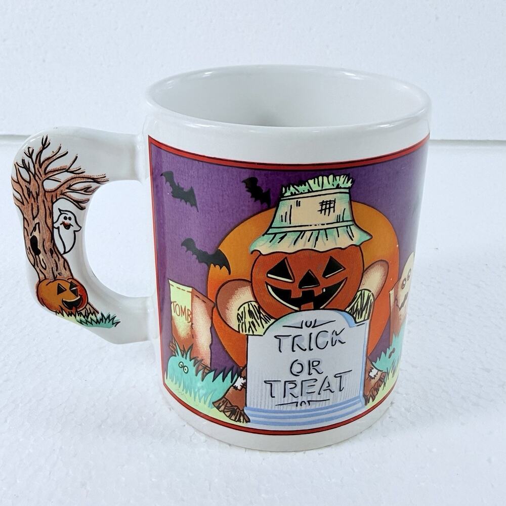 VTG 90s Halloween Coffee Mug Trick Or Treat Pumpkin Jack O Lantern Ghost Handle